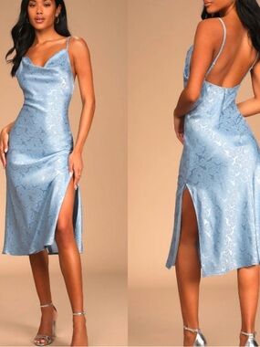 Lulu's You're My Type Light Blue Satin Floral Jacquard Midi Slip Dress
